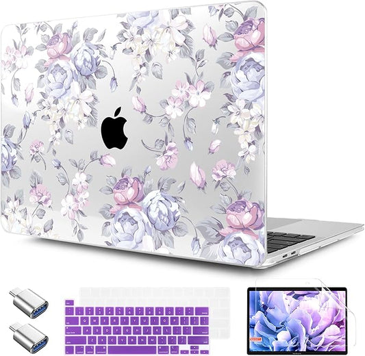TWOLSKOO Compatible with MacBook Pro 13 inch Case 2023-2016 A2338 M2/M1 A2251 A2289 A2159 A1989 A1706, Plastic Hard Shell Cover & Keyboard Skin & Screen Protector, Purple Peony