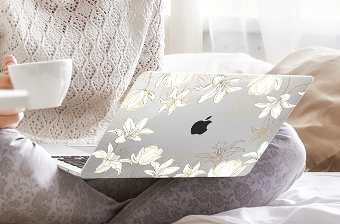 DONGKE Compatible with MacBook Air 13 inch Case 2021 2020 2019 2018 Release A2337 M1 A2179 A1932 with Retina Display Touch ID, Plastic Hard Shell & Keyboard Cover - Golden Florals