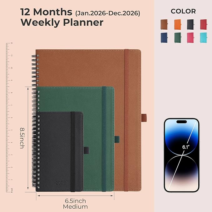 Planner 2026 Daily Weekly and Monthly,8.5"x6.5",12 Months Spiral Bound Calendar Agenda with Self-adhesive Pen Holder,2026 Appointment Book with Vegan Leather Soft Cover,Green