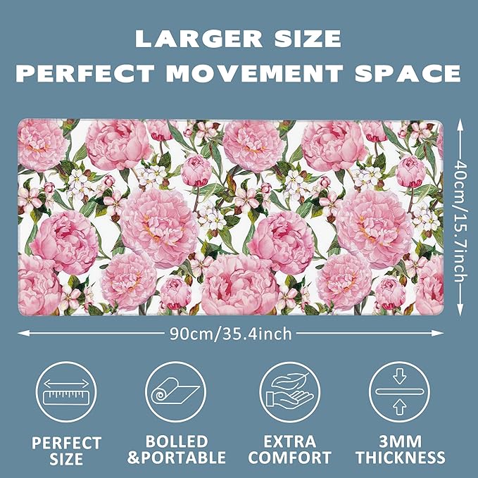 Large Mouse Pad Peony Flowers and Sakura Extended Gaming Mouse Pad Desk Mat Stitched Edges Mousepad Non-Slip Rubber Base Keyboard Pad for Laptop Computer PC 35.4 x 15.7 inches