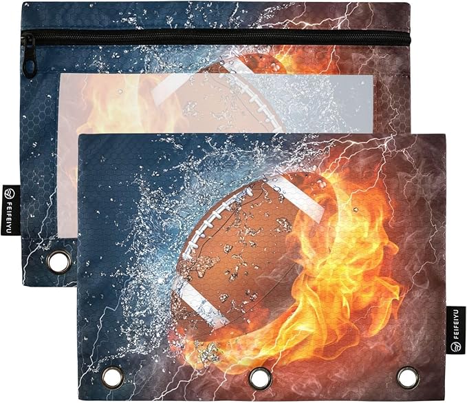 American Football Fire Water Pencil Pouch for 3 Ring Binder, 2 Pack Waterproof Pencil Bags Clear Window Pencil Case Zipper School Office Supplies