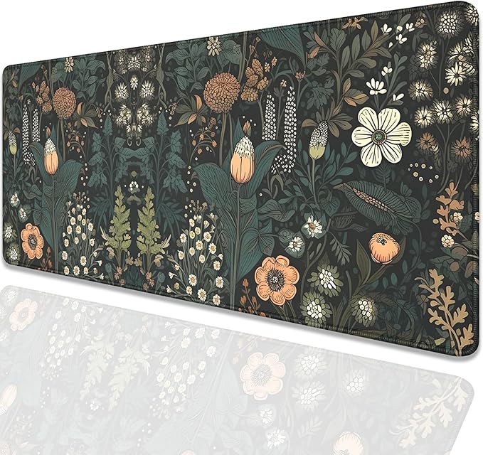 Dark Cottagecore Mouse Pad Floral Desk Pad,Botanical Mousepad, Vintage Desk Mat,Wildflower Mousepad with Stitched Edges Non-Slip Waterproof Rubber Base Mouse Mat for Office Work Home(27.5X11.8 in)