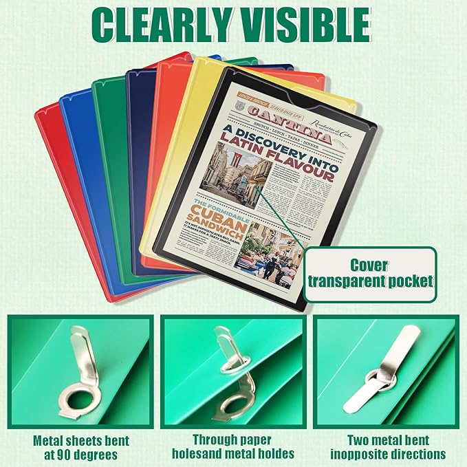 Pastel Plastic File Folders with Pockets and Prongs, 7 Pack, A4 Letter Size, Heavy Duty Waterproof Office Folders with Clear Front Cover for School, Home, and Office (Multicolor)