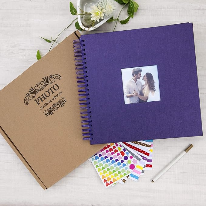 12 x 12 Inch Large DIY Scrapbook Photo Album with Window Design Cover 80 Pages Craft Paper Memory Book for Weeding Anniversary Travel and Baby (Purple)
