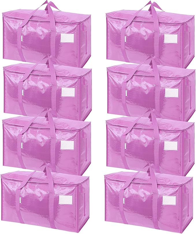 TICONN 8 Pack Extra Large Moving Bags with Zippers & Carrying Handles, Heavy-Duty Storage Tote Moving Boxes for Space Saving (8 Pack, Pink)