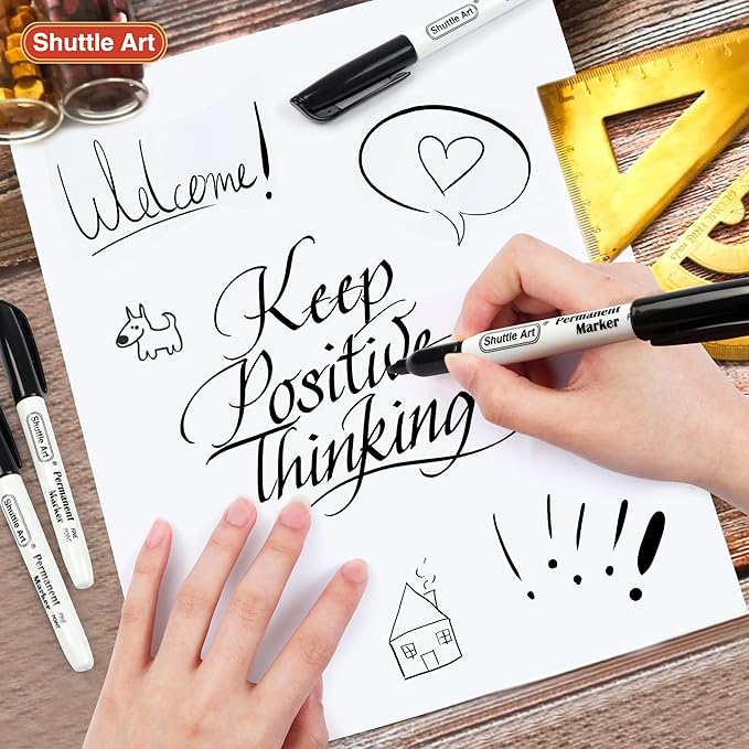 Shuttle Art 24 Black Permanent Markers Fine Tip Markers, Perfect on Plastic, Wood, Stone, Metal and Glass for Doodling, Coloring, Marking, School Supplies