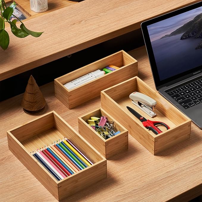 Umilife Bamboo Kitchen Drawer Organizer, Extra High Silverware Tray, Flatware Cutlery Storage Box, Multi-Use Holder in Office, Bathroom, Pantry - 12"x3"x2.5" (Set of 2)