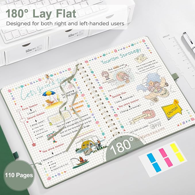 EMSHOI A4 Graph Grid Notebook - 110 Pages 100GSM Grid Paper, Vegan Leather Floral Cover with Spiral Binding for Engineering, Bullet Journaling, School & Work - Includes Ruler, Pockets -Dark Green