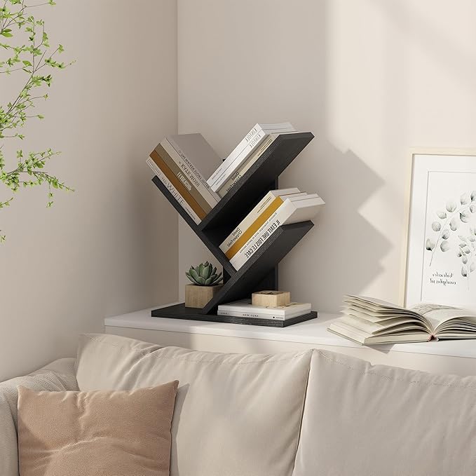 Tajsoon Tree Bookshelf 3 Tier Book Shelves Storage Organizer, Desktop Bookshelf Floor Standing Bookcase Display for CDs/Magazine/Books, Small Bookshelf for Bedroom, Living Room&Office, Black
