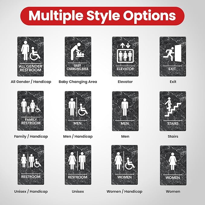 Promot Men and Women Handicap Restroom Sign – ADA Braille Bathroom Sign for Business, Self-Adhesive, 9" x 6", Commercial Door Signage, Office Wall Decor - Marble Charcoal