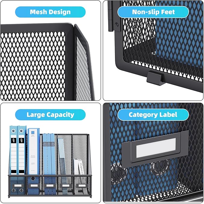 Marbrasse Desk File Organizer with 5 Vertical Compartments Mesh Magazine File Holder for Office, Home, School