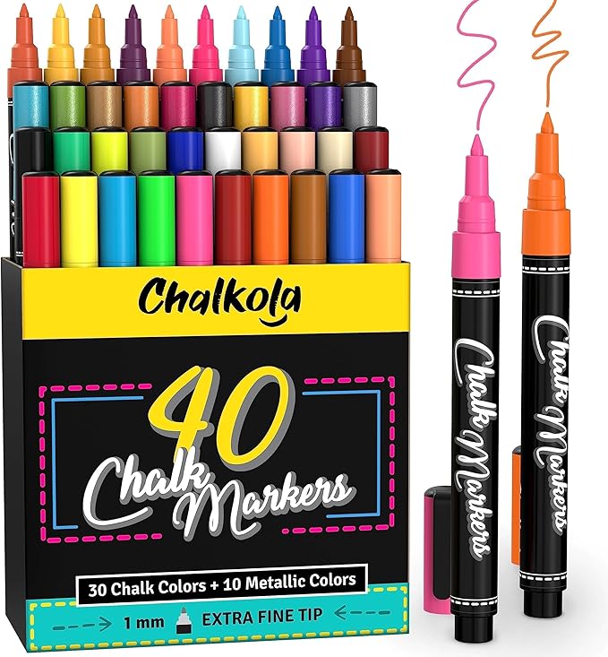Extra Fine Tip Chalk Markers - (1mm Tip, Pack of 40) Neon, Pastel & Metallic | Erasable Liquid Chalk Pens for Chalkboard, Blackboard, Window, Labels, Bistro, Glass - Wet Erase Markers Fine Point