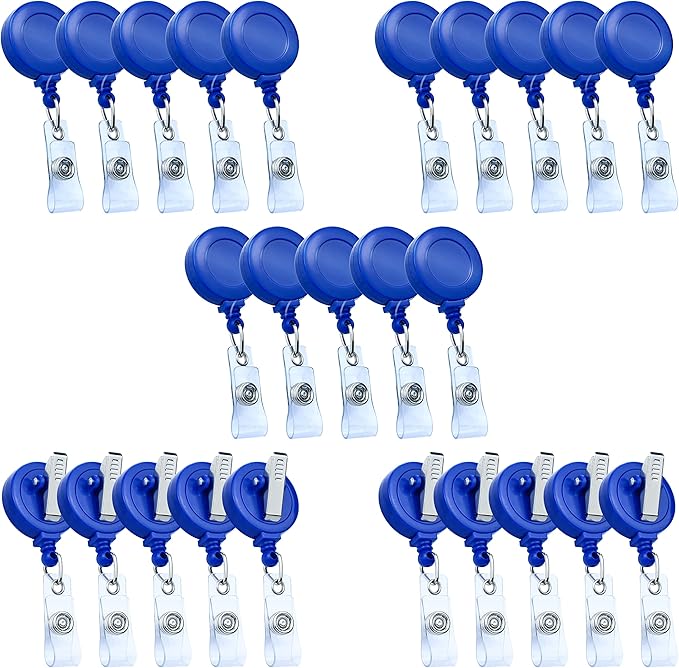 25 Pack Badge Reels Retractable Badge Holder with Clip, Id Clips for Badges, Id Badge Reel, Retractable Id Badge Clip with Clear Vinyl Strap & Alligator Swivel, No Twist Dispenser (Blue)
