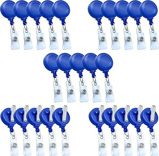 25 Pack Badge Reels Retractable Badge Holder with Clip, Id Clips for Badges, Id Badge Reel, Retractable Id Badge Clip with Clear Vinyl Strap & Alligator Swivel, No Twist Dispenser (Blue)