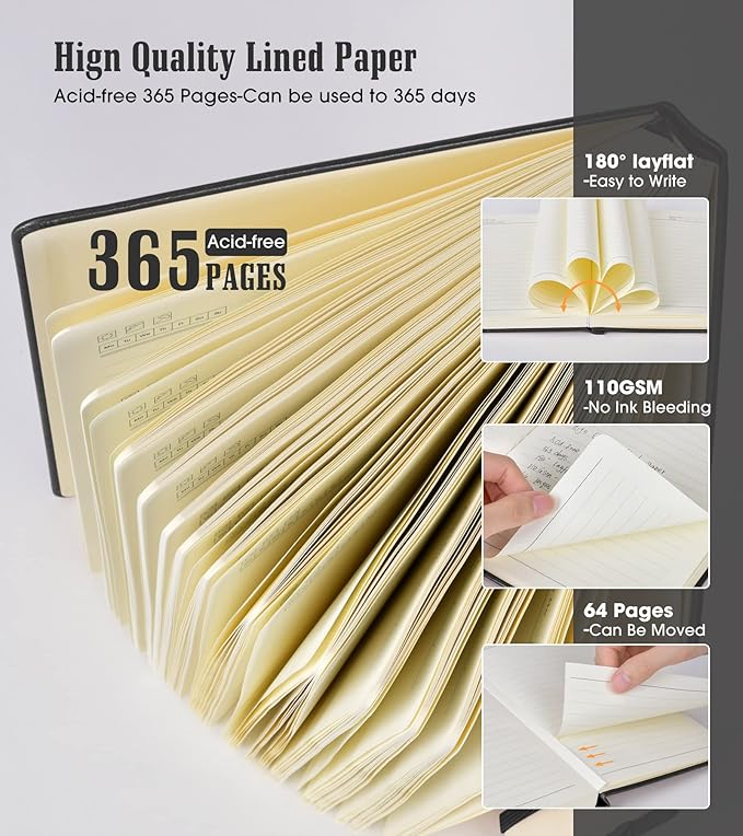 Lined Journal, 365 Pages B5 Large Hardcover Leather Notebook for Women Men, Daily Writing for Work, Note Taking, 100Gsm Thick Paper (7.6'' X 10'' Black)