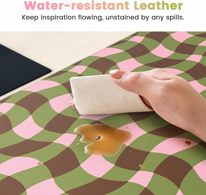 HAOCOO Checkered Desk Mat, Cute Leather Mouse Pad, 35.4" x 15.7" Keyboard Pad Office Accessories, Non-Slip Desktop Mat, Laptop Pad with Stitched Edge Desk Cover Mat(Green)