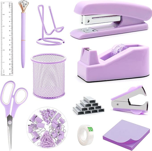 Purple Office Supplies, Purple Desk Accessories, Stapler, Staple Remover, Tape Holder, Pen Holder, Ballpoint Pen, Scissor, Binder Clips, 1000 Staples, Phone Holder, Ruler, Transparent Glue and Notes