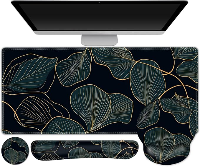 ARTSO Desk Mat Set, Large Gaming Mouse Pad Wrist Support, Keyboard Wrist Rest Ergonomic Desk Pad with Coaster Combo, Extended Mousepad with Non-Slip, Art Tropical Leaves