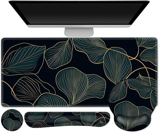 ARTSO Desk Mat Set, Large Gaming Mouse Pad Wrist Support, Keyboard Wrist Rest Ergonomic Desk Pad with Coaster Combo, Extended Mousepad with Non-Slip, Art Tropical Leaves