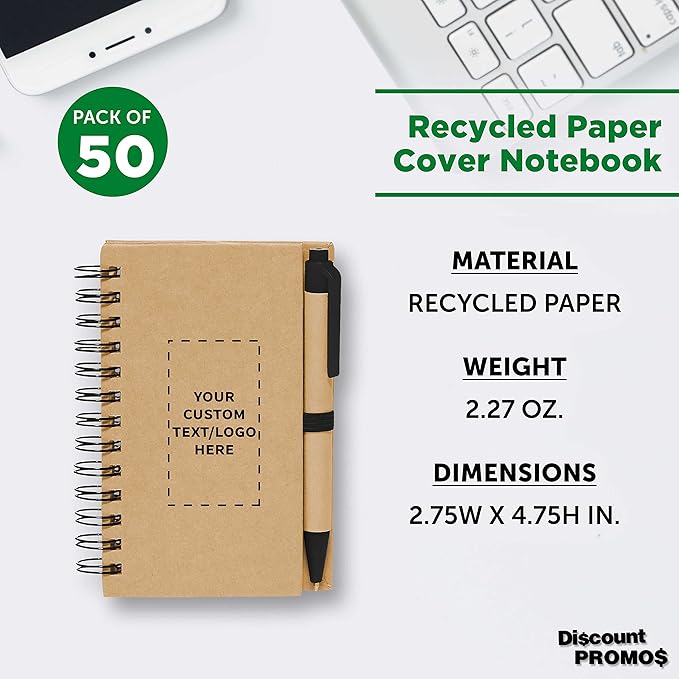 Custom Mini Spiral Notebooks with Black Ink Pens Set of 50, Personalized Bulk Pack - Perfect for School, Office, Business, Home - Black