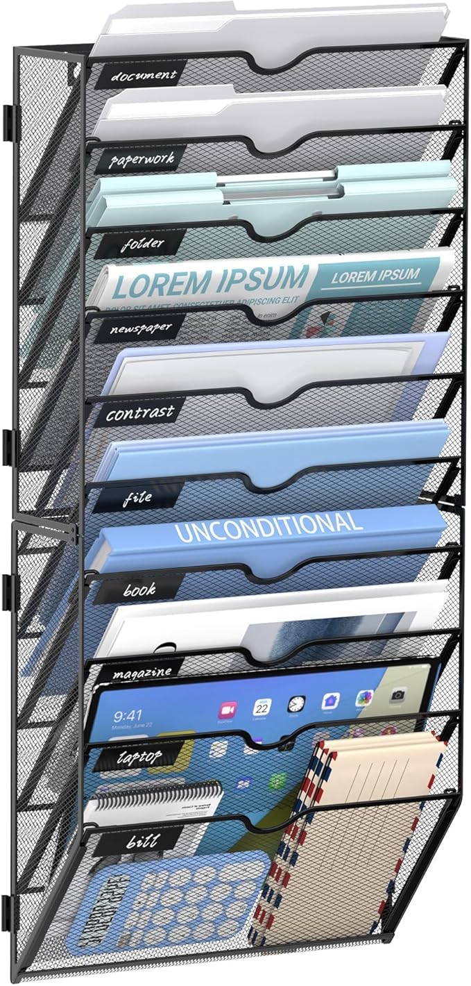10 Tier Wall File Organizer Office Hanging Mail Holder Wall Mounted, Mesh Paper Document Organizer for Office Home School, Black