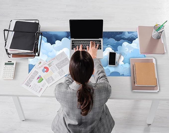 Desk Mat Blue and White Puffy Clouds Desk Pad Cute Gaming Mouse Pad XL Large Mousepad Anime Desk Matt for Desktop, Laptop Computer Keyboard Mouse Mat for Women Office Decor Accessories 31.5x11.8 in