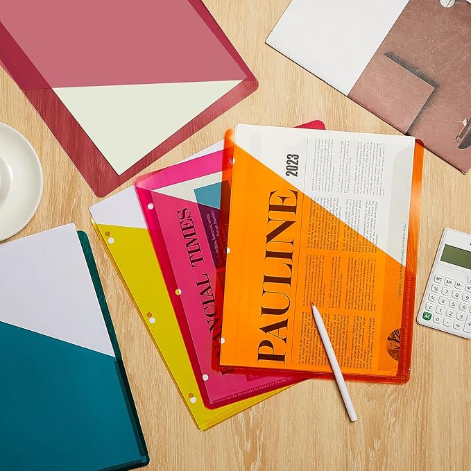 Maitys 50 Pack Binder Pockets 3 Hole Punch Clear Plastic Document Folders Binder Organizer Store Letter Size 8.5x11 Inch Paper Folders with Pockets Slash File Jacket for Office (Summer Color)