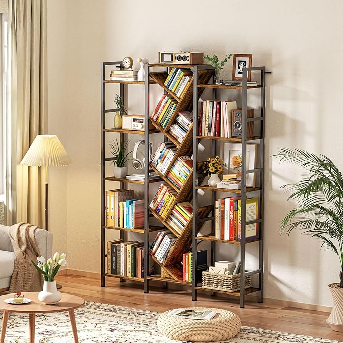 Triple 5 Tier Bookshelf, Large Bookcase Industrial Bookshelf with 19 Open Display Shelf, Wooden Wide Tall Tree Bookshelf for Living Room Home Office, Rustic Brown