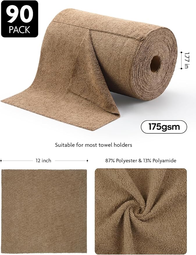 Fantasticlean Microfiber Cleaning Cloth Roll -90 Pack, Tear Away Microfiber Towels, 12" x 12", Reusable, Washable, Scratch Free, Ultra Absorbent Dish Rags for Car, Home, Garage or Shop (Tan)