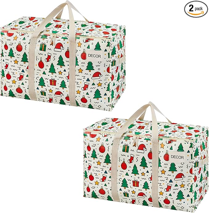 VENO 2 Pack Moving Bags and Large Christmas Storage Bins with lids. Alternative to Moving Boxes, Packing Supplies for College. Extra Large Heavy Duty Totes for Packaging (Jingle Mix, 2 Pack)