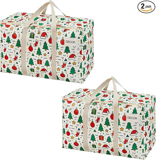 VENO 2 Pack Moving Bags and Large Christmas Storage Bins with lids. Alternative to Moving Boxes, Packing Supplies for College. Extra Large Heavy Duty Totes for Packaging (Jingle Mix, 2 Pack)