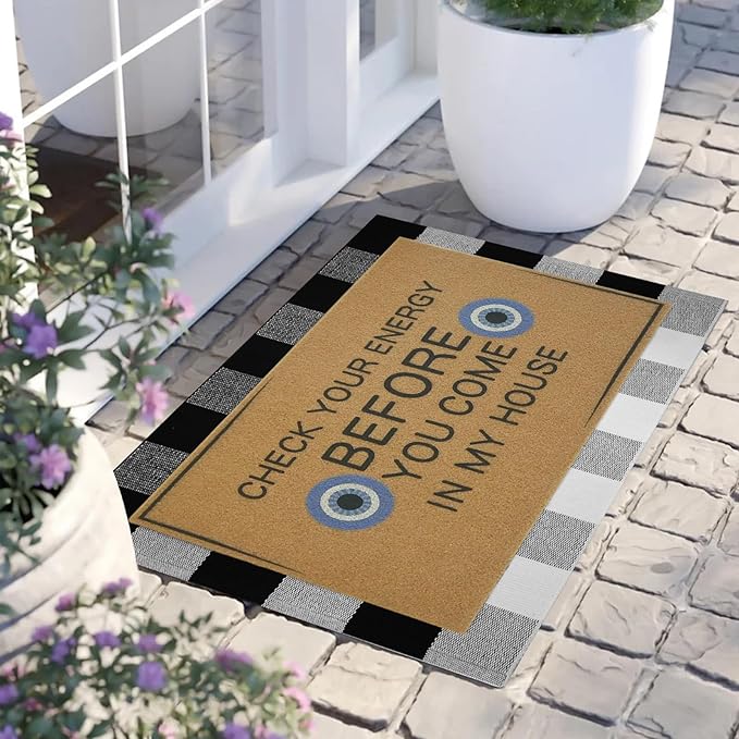 2 Pcs Check Your Energy Door Mat 30 x 17 Inch Evil Eye Door Mat Funny Welcome Coir Doormats for Front Doors Nonslip 2-in-1 Buffalo Plaid Rug for Outside Entrance Porch Rubber Backing Home Decor