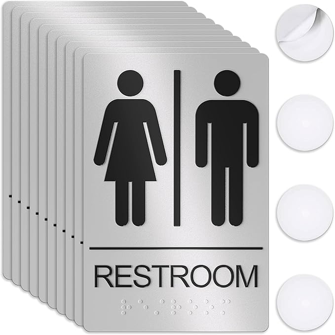 Unisex Bathroom Signs, Restroom Sign For Business - For Men and Women - 10 Pack - 9" by 6" - ADA Compliant with Braille - Strong Double-Sided Adhesives Included - Apply to Office, Home, Public Door/Wall