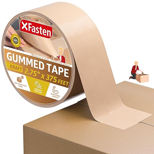 XFasten Brown Paper Packing Tape - 2.75-Inch x 375-Feet, Water Activated, Reinforced for Moving & Packing Boxes