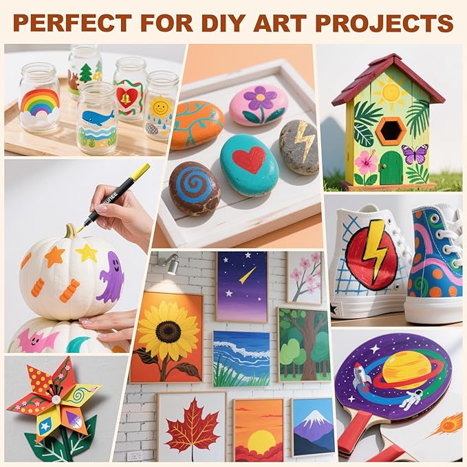 SUNEE 30 Colors Acrylic Paint Markers, Dual Tip with Bullet and Brush Tip Paint Pens with Automatic Ink Control System, Coloring Markers for Rock, Wood, Canvas, Glass DIY Crafts Art Supplies Kit