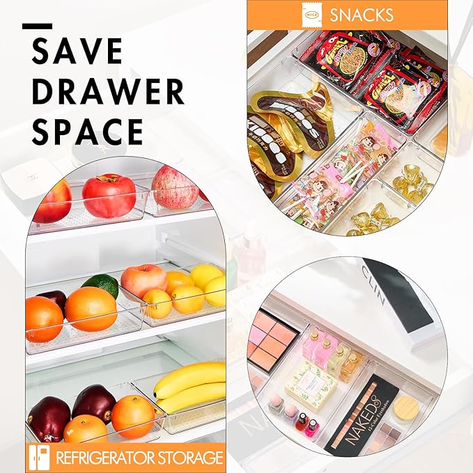 HOUSE DAY Desk Drawer Organizer Bins 6 PCS, 9*6*2" Clear Drawer Organizers with Silicone Pads, Vanity Organizers and Storage, Non Slip Plastic Drawer Organizer for Makeup, Bathroom, Kitchen, Office