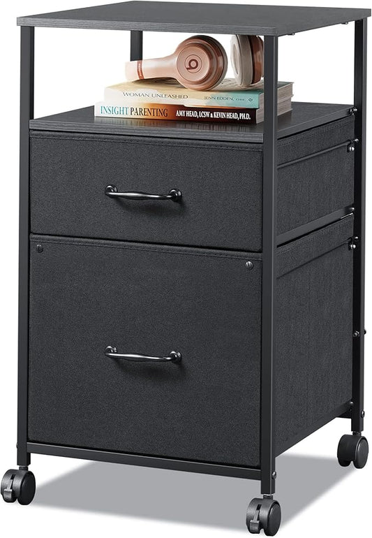 DEVAISE Mobile File Cabinet, Rolling Printer Stand with Open Storage Shelf, Fabric Vertical Filing Cabinet fits A4 or Letter Size for Home Office, Black