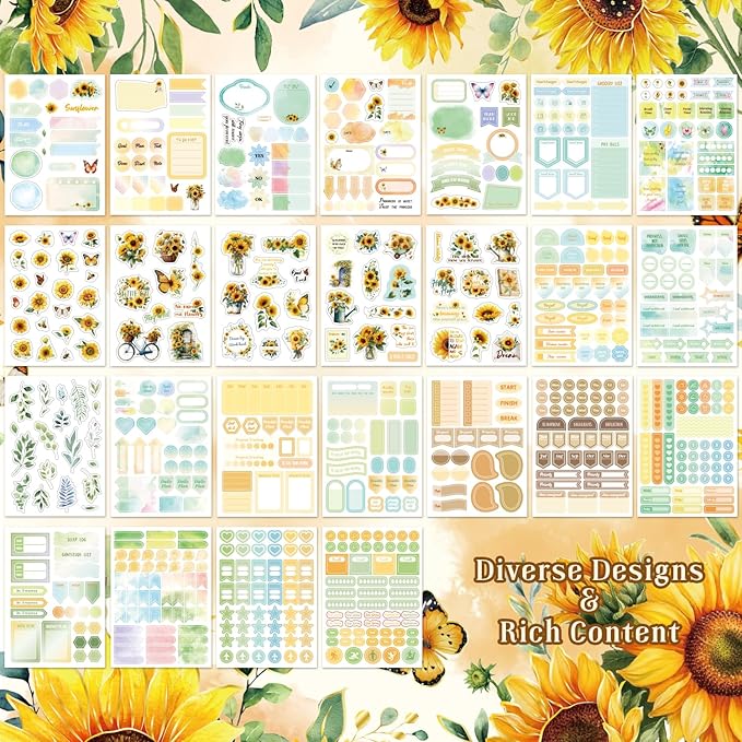 Aesthetic Sunflower Planner Sticker Book 25 Sheets with 600+ Decorative Stickers for Journaling, Scrapbooking, Bullet Journal, Happy Planner, DIY Stationery Supplies Gifts for Women Girls Teens Kids