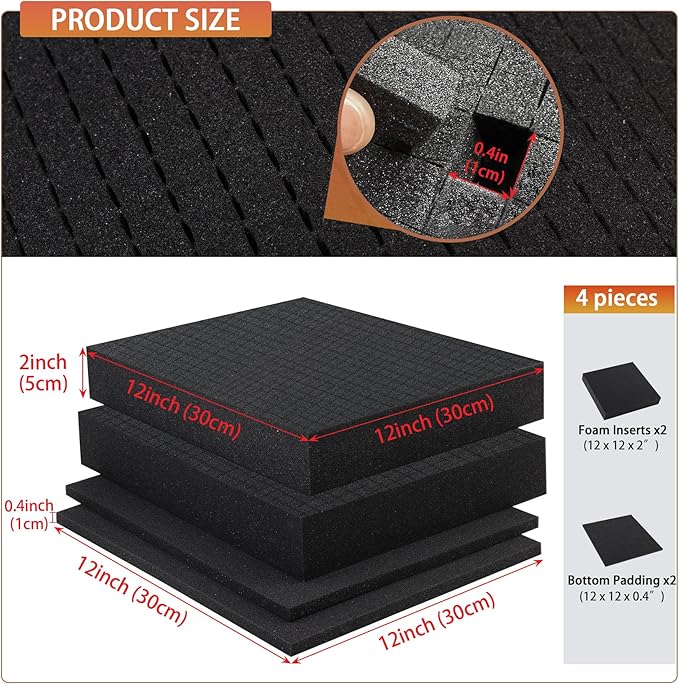 Pre-Cubed Pick & Pluck Foam Sheets - 2-Pack (12"x12"x2") with 0.4" Bottom Padding, Polyurethane Apart Insert Pads Liners for Toolboxes, Storage Drawer and Crafts