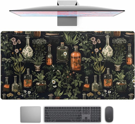Black Aesthetics Desk Mat Mouse Pad Large Gaming Mouse Pad Desk Pad Mousepad, Mystical Green Plant Computer Laptop Keyboard and Mouse Mat, Desktop Protector Mat for Women Girl Office 31.5x15.8 in