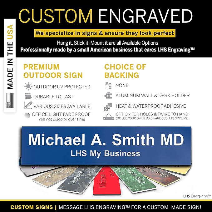 Engraved Name Plates for Door Sign Personalized Blue Plastic Plaque with White Letters - Made in USA 2x8 B9