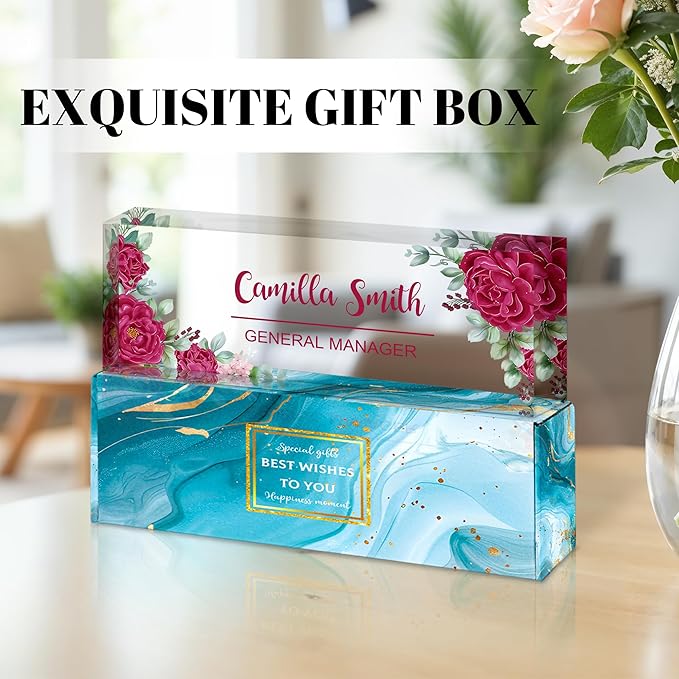 Ship Next Day Personalized Name Plate for Desk, Custom Acrylic Desk Name Sign, Office Appreciation Gifts for Women Men Coworkers Boss Teacher Employee (Flower-Rose)