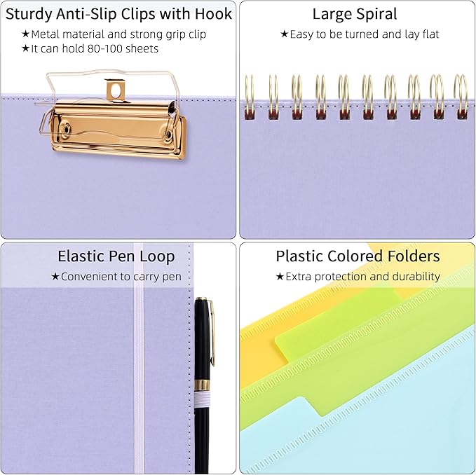 Ospelelf Foldable Spiral Clipboard Folio with Storage Zipper Pouch, 5 Plastic Folders with 10 Pockets, Refillable Lined Notepad (11" x 8.5"), Linen Hardcover Project Organizer (Light Purple)