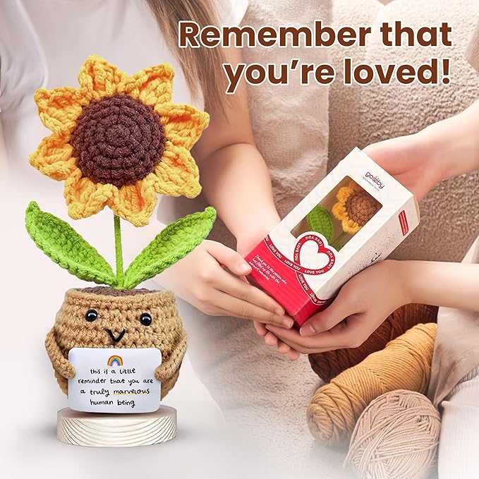 Gossby Positive Sunflower Doll Crochet with Card - This is A Little Reminder - Appreciation Gift for Coworker, Best Friend, Teacher, Sister, Mom - Christmas, Birthday, Thank You Gift for Women, Men