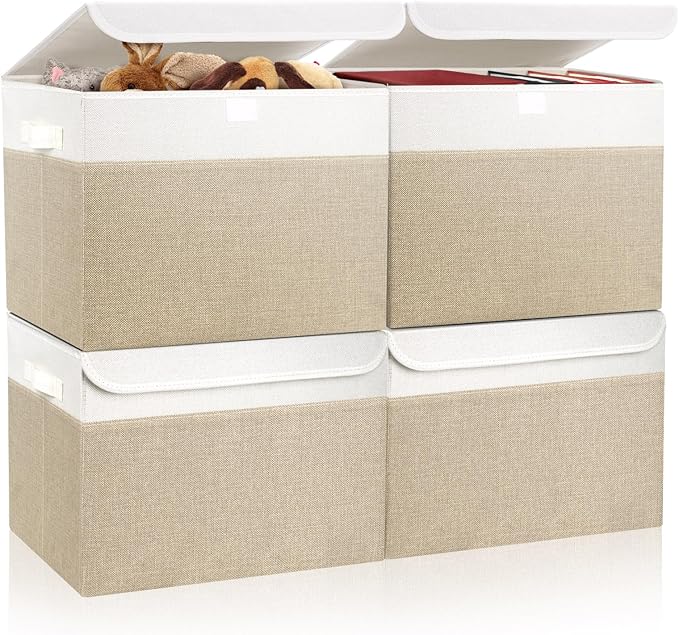 Large 22 Quart Linen Fabric Foldable Storage Bin Cube Organizer Basket with Flip-Top Lid & Handles, Clothes Blanket Box for Home, Office, Closet, Beige & White, 4 Pack 14.6 x 9.5 x 9.5”