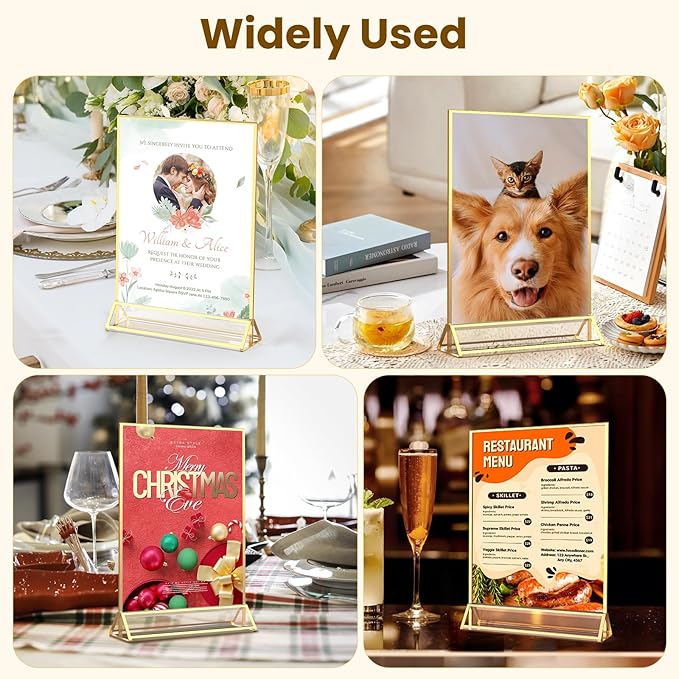 Gold Frames 8X10 Acrylic Sign Holder Double-Sided Picture Frames for Menu, Wedding Table Number, Christmas Photos With Removable Round Stickers - 6 Pack