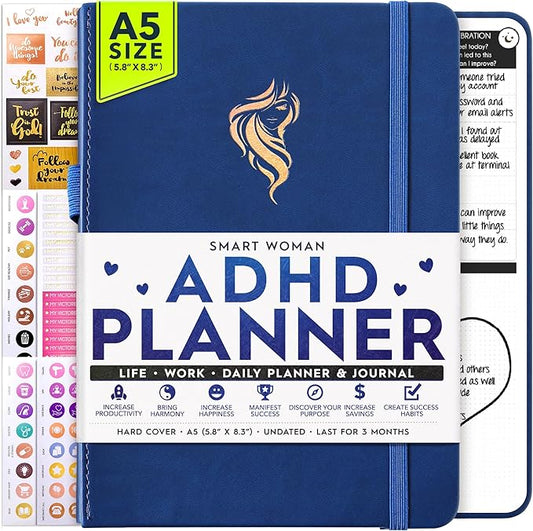 Adhd Daily Planner - A Self Care Personal Gratitude Journal to Increase Productivity and Success in Life & Work, Weekly & Monthly Undated Planner for Women and Men, Vision Board & Organizer + Stickers