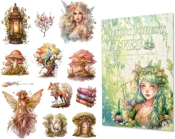 TIAMECH Phantom Forest Spirit Sticker Book - Magic Elves Series, 20 Sheets PET & Washi Stickers for Scrapbooking, Ephemera, Waterproof Junk Journaling Supplies & DIY Crafts (Size 10.5 x 7.1in)