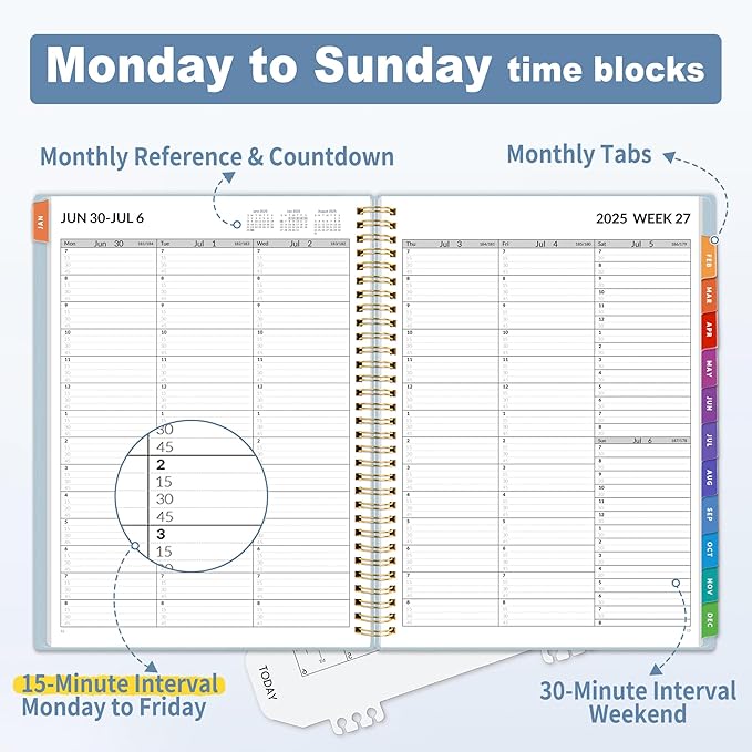 SUNEE 2025-2026 Appointment Book, Quarter-Hourly, Weekly & Monthly - from July 2025 to June 2026, 8.5"x11" Academic Planner, Flexible Cover, Note Pages, Pockets, Bookmark, Spiral Binding, Blue
