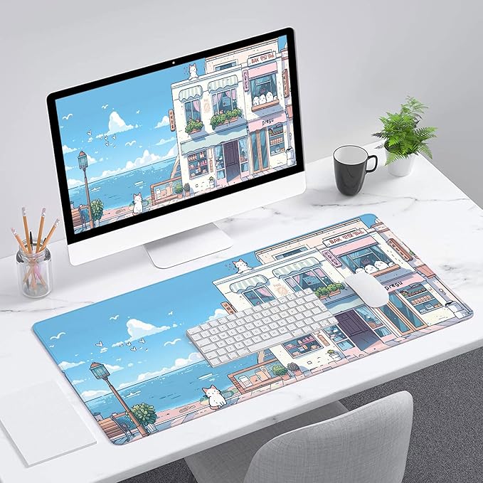 Cute Kawaii Gaming Mouse Pad Desk Pad Anime Street Aesthetics Large Gaming Mouse Mat with Stitched Edges,Non-Slip Waterproof Rubber Base Mous Mat Office Computer Keyboard Laptop Home 31.5"x11.8"